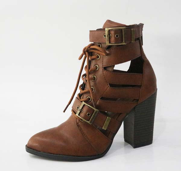 SHOWCASE-09M - lace up stacked chunky heel booties - ShoeTimeStores